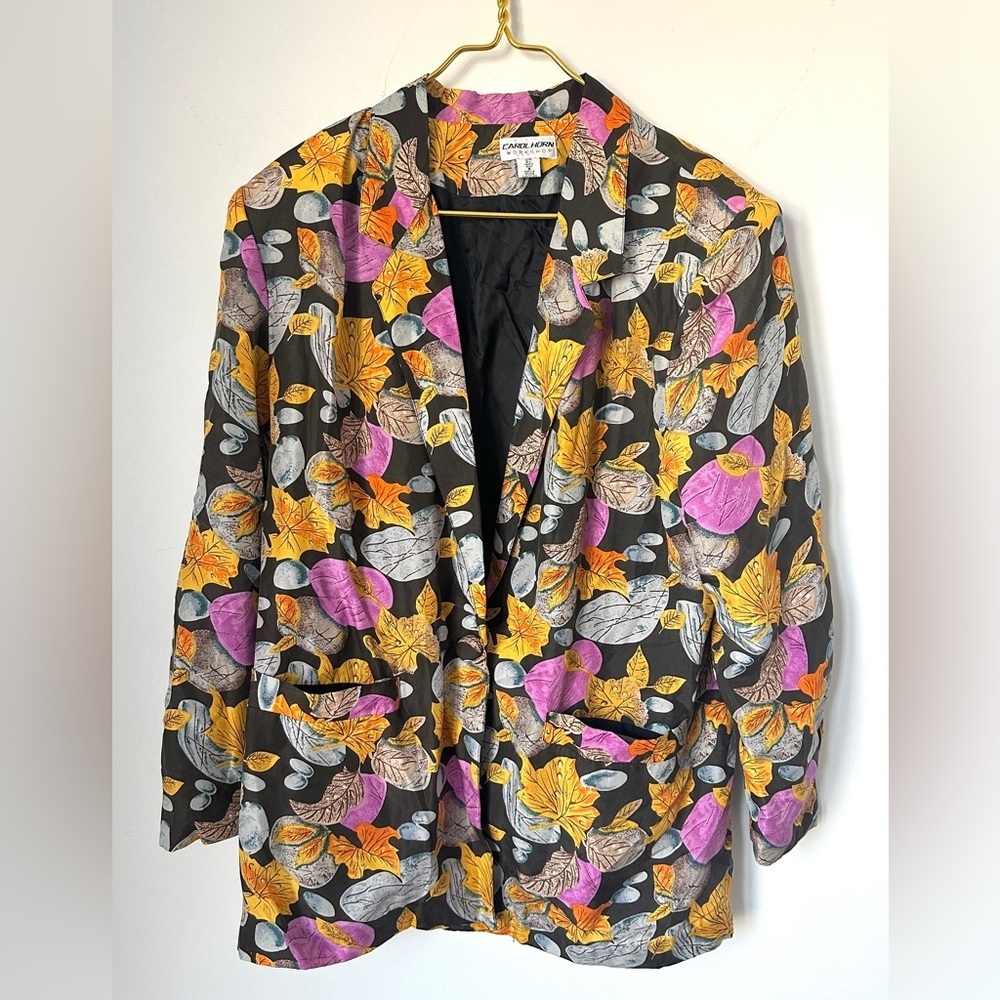 Vintage Carol Horn Workshop Colorful Leaves Silk Oversized Blazer Women’s 8 FLAW